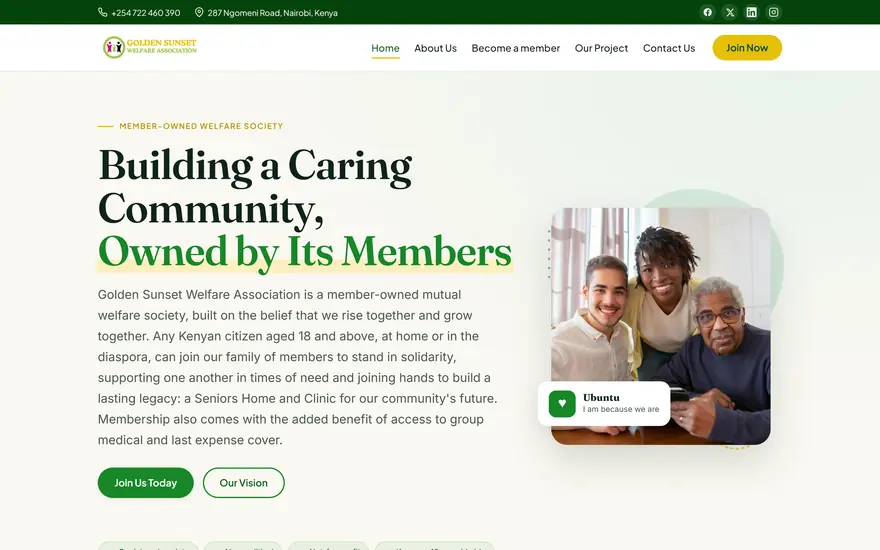 Above-the-fold view of the Golden Sunset Welfare Association website