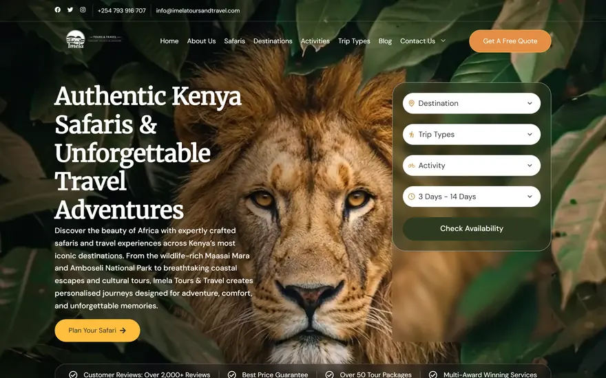 Above-the-fold view of the Imela Tours & Travel website